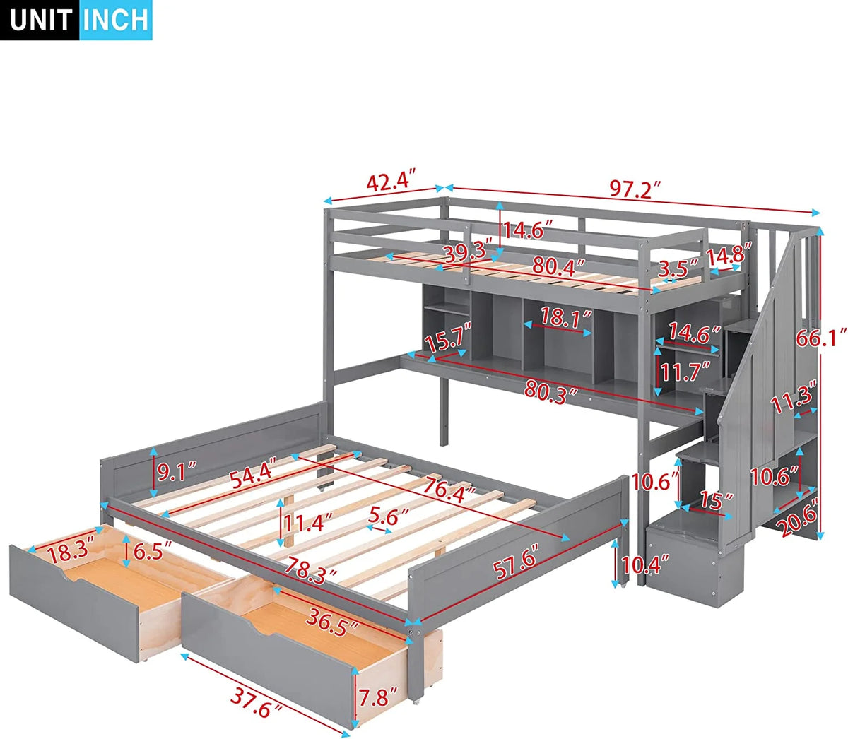 XL Over Full Solid Wood Bunk Bed with Stairs and Storage D28399