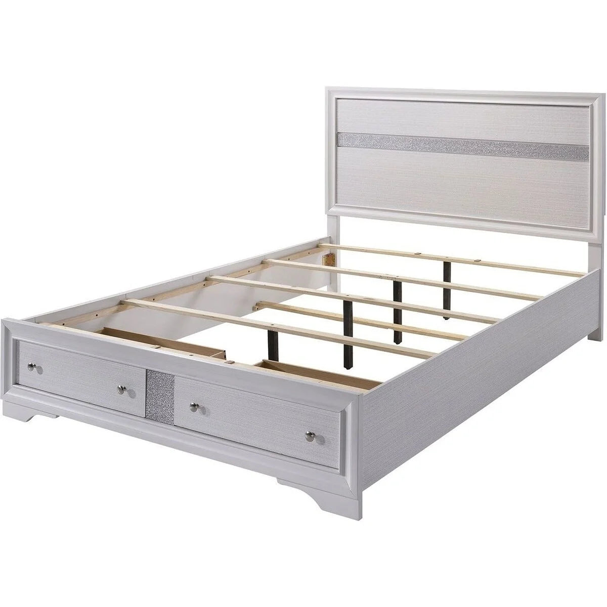 White Panel Design Eastern King Bed with Silver Accents D79463