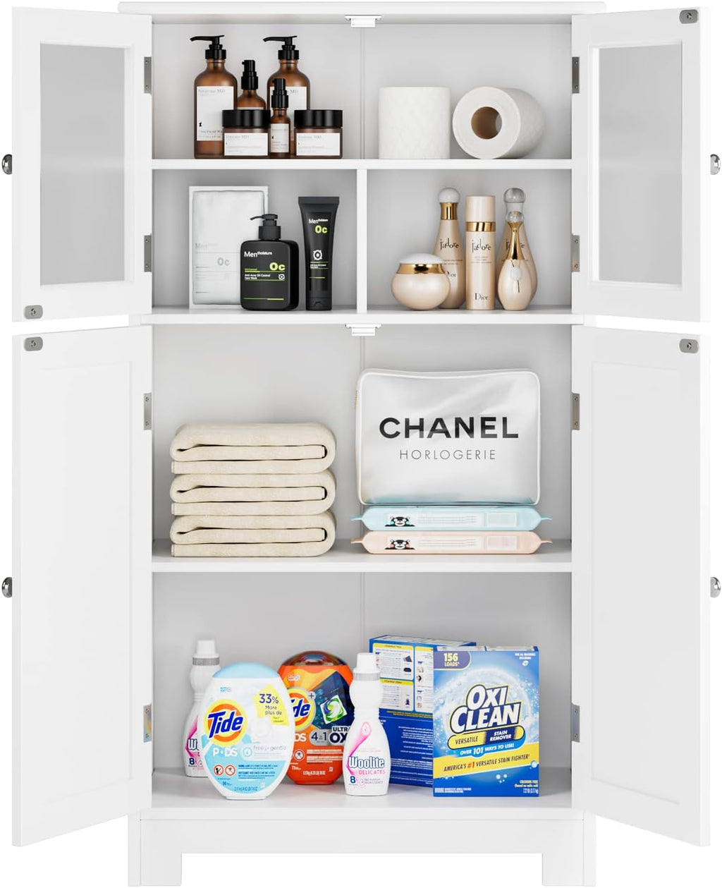 White Wooden Bathroom Cabinet with Doors and Adjustable Shelves Z934