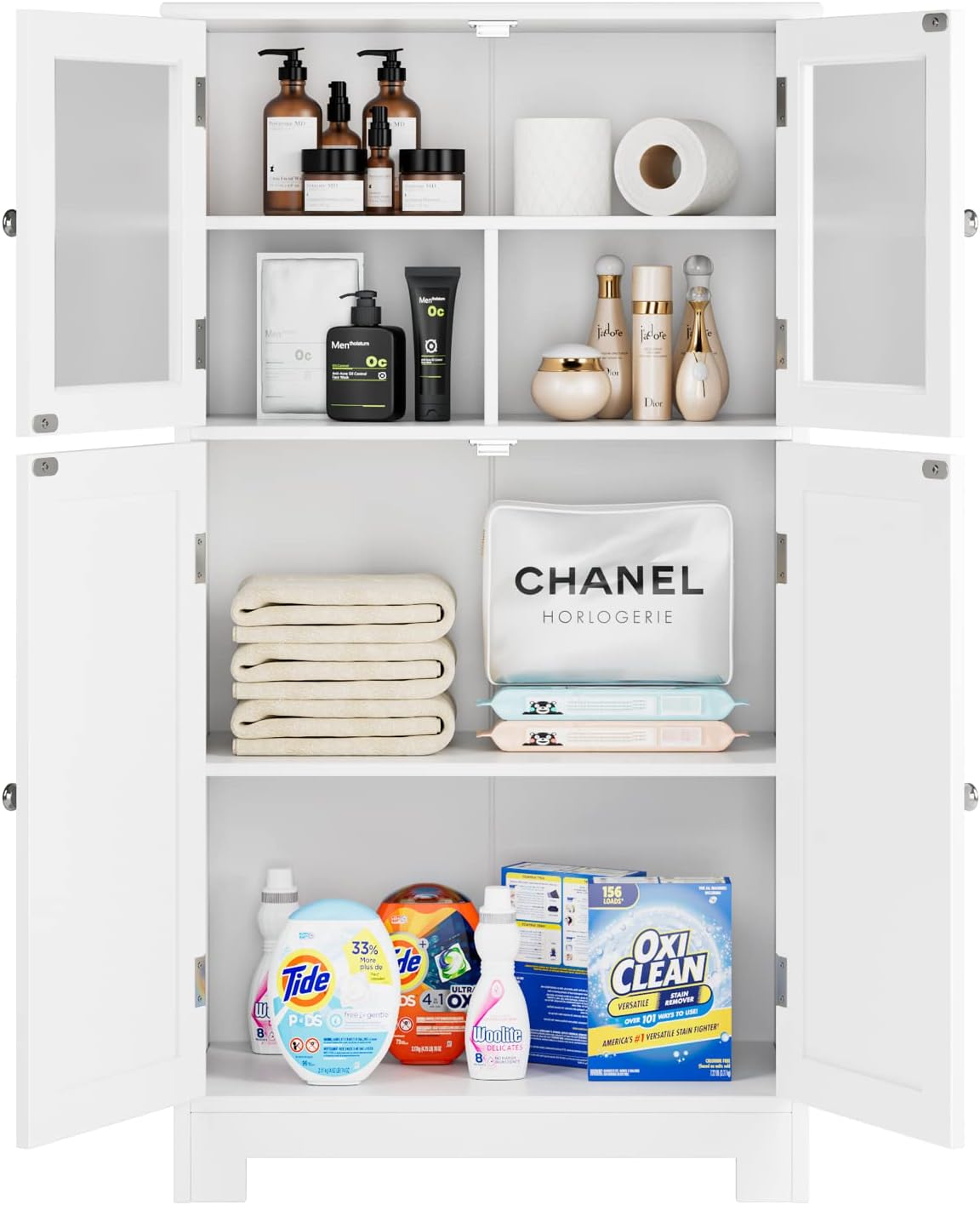 White Wooden Bathroom Cabinet with Doors and Adjustable Shelves Z934