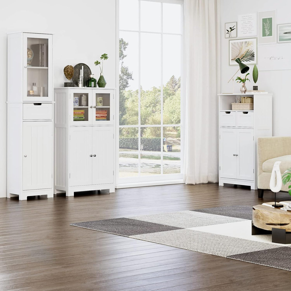 White Wooden Bathroom Cabinet with Doors and Adjustable Shelves Z934