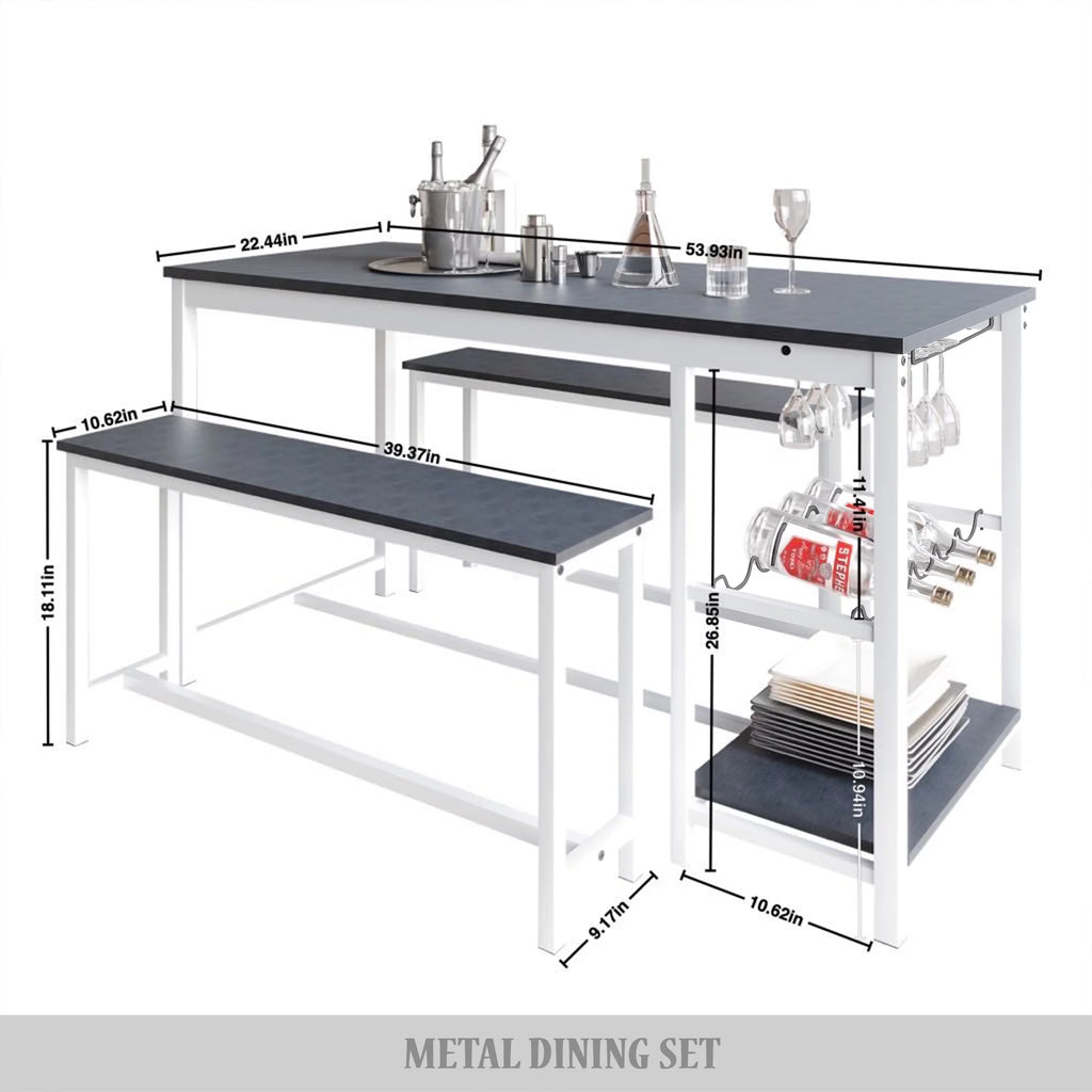 3-Piece Metal Dining Set with Wine Rack and Shelving, White W661394