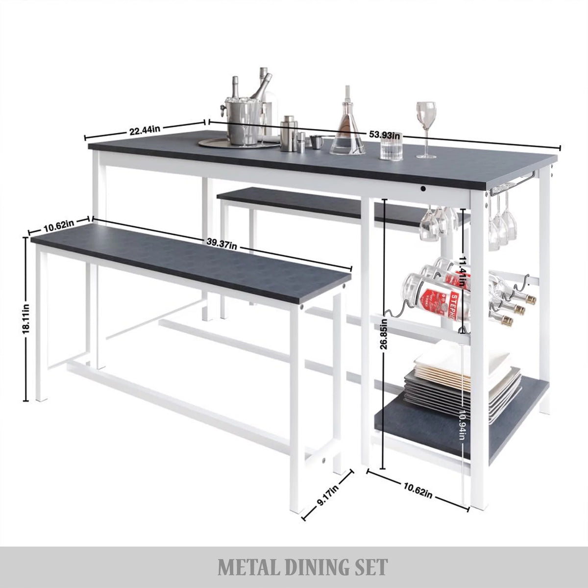 3-Piece Metal Dining Set with Wine Rack and Shelving, White W661394