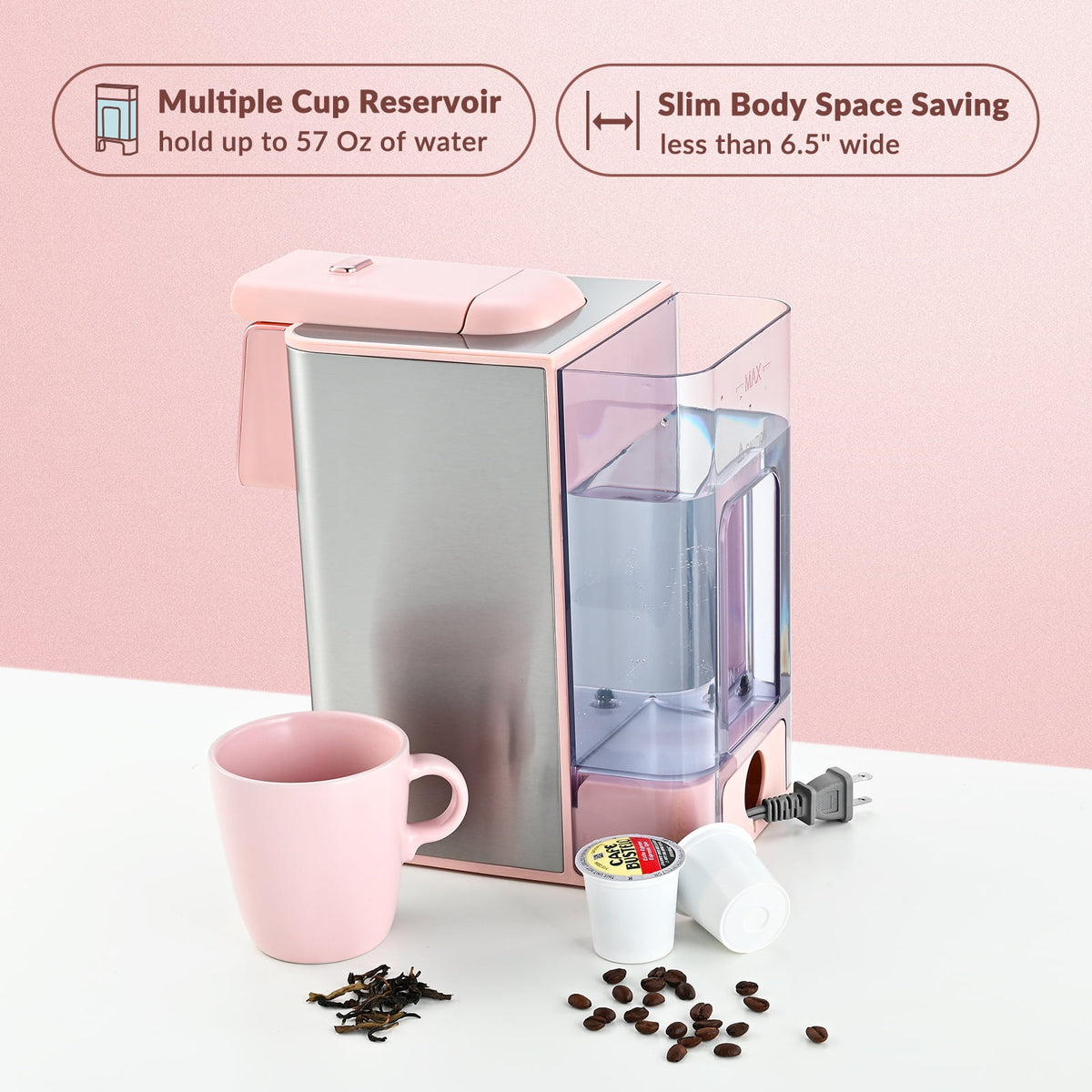 Pink 3-in-1 Single Serve Coffee Machine with Removable 50 Oz Water Reservoir P56197
