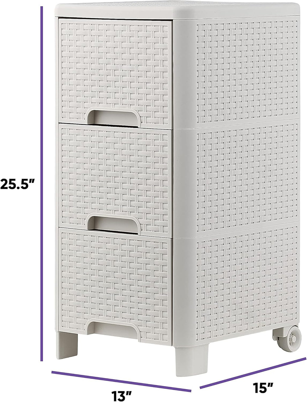 3 Drawer White Wicker Storage Cabinet with Wheels B30802