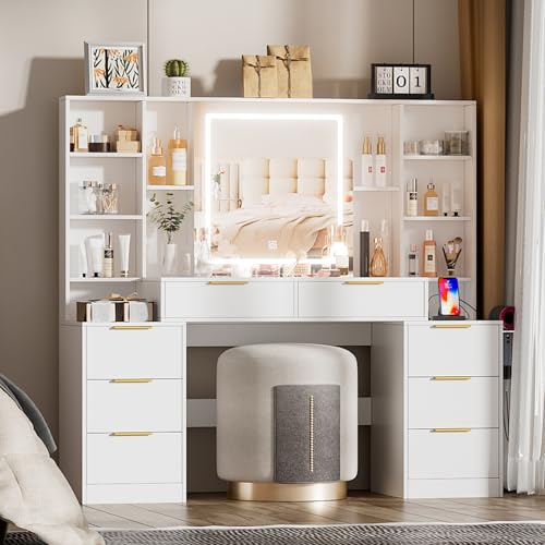 Large White Makeup Vanity Desk with Lighted Mirror and Power Outlet U551