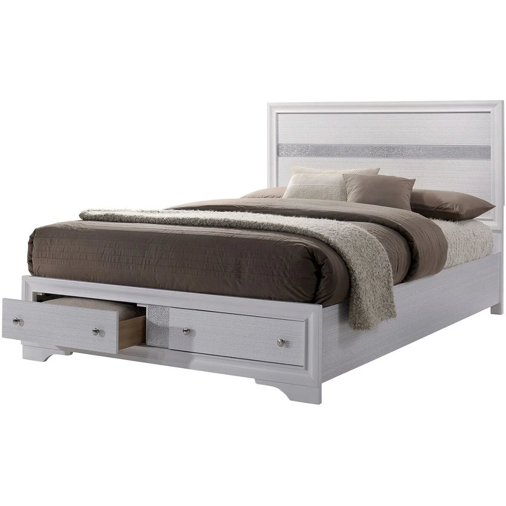 White Panel Design Eastern King Bed with Silver Accents D79463