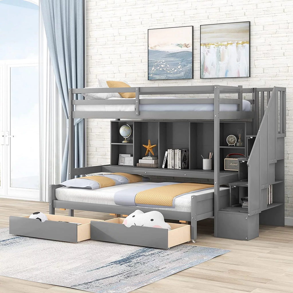 XL Over Full Solid Wood Bunk Bed with Stairs and Storage D28399