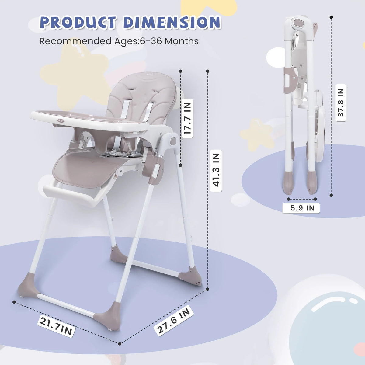 Portable Folding Highchair with Adjustable Height, Removable Tray, Gray I796809