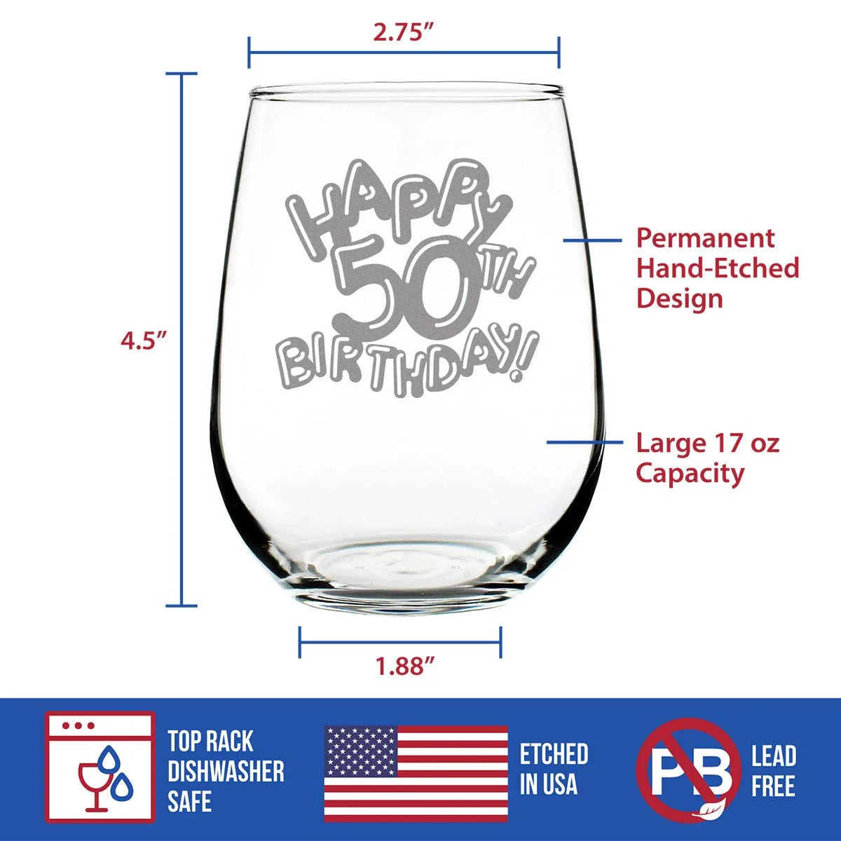 50Th Birthday Stemless Wine Glass 17 Oz V73820