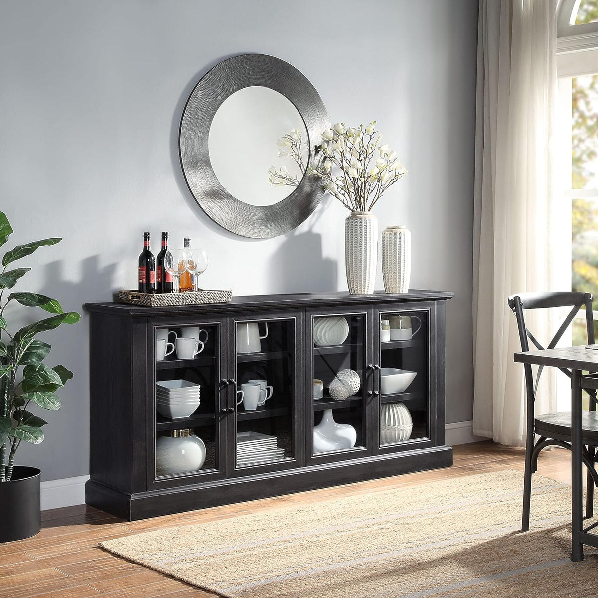 Rustic Grey Wood Sideboard Buffet with Storage Cabinet and Glass Doors K569