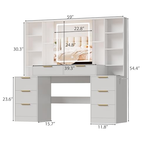 Large White Makeup Vanity Desk with Lighted Mirror and Power Outlet U551