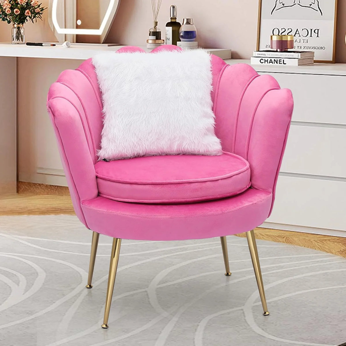 Velvet Tufted Shell Chair with Cushion and Golden Legs H29182