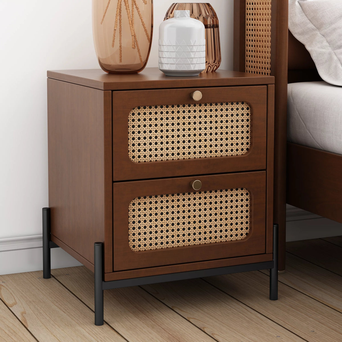 Walnut 2-Drawer Rattan Wood Side Table E152887