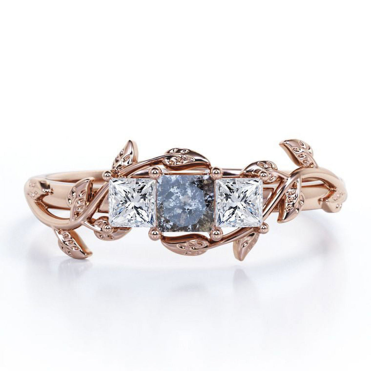 Triple Stone Engagement Ring with Salt and Pepper Diamond and Moissanite C3549