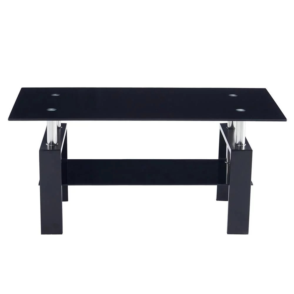 Rectangle Glass Coffee Table with Lower Shelf Metal Legs H885