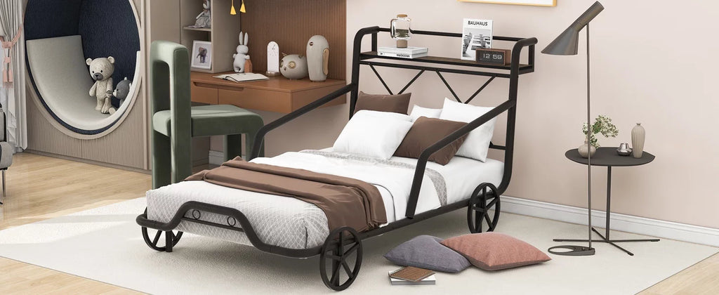 Twin Size Black Metal Car Bed with Guardrails R616
