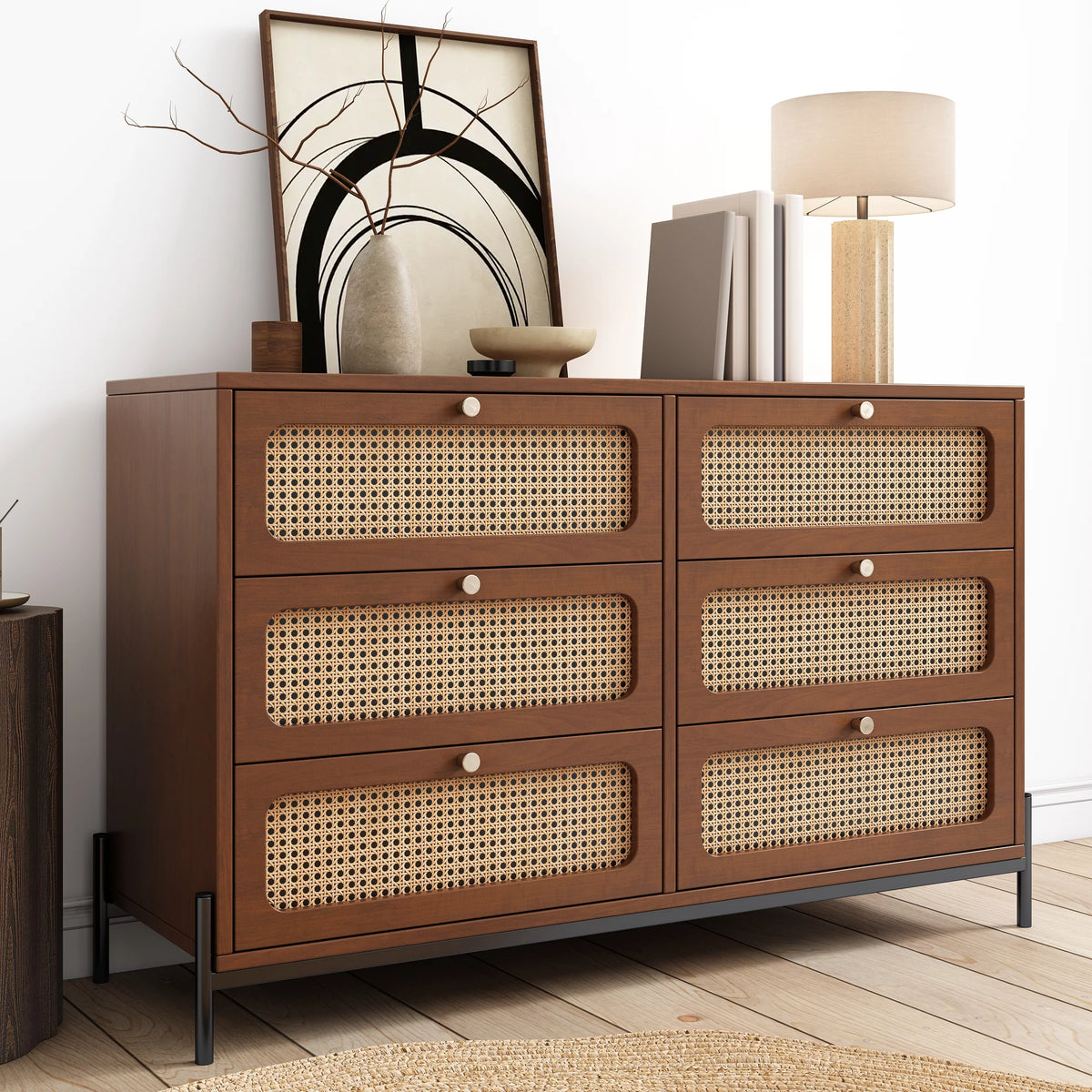 Walnut 2-Drawer Rattan Wood Side Table E152887