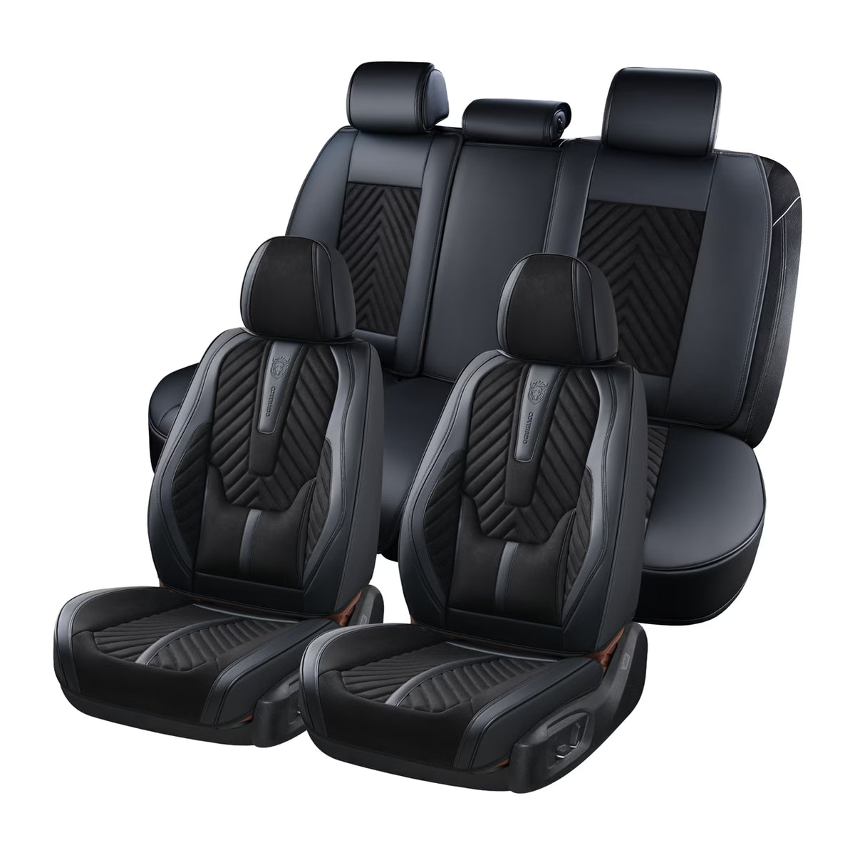 Black Suede and Leather Front and Rear Car Seat Covers, 5 Seats O112