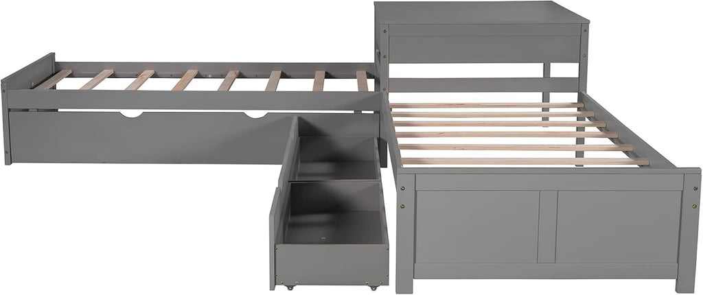 Twin L-Shaped Platform Bed with Trundle, 2 Storage Drawers, and Built-in Square Desk N18731
