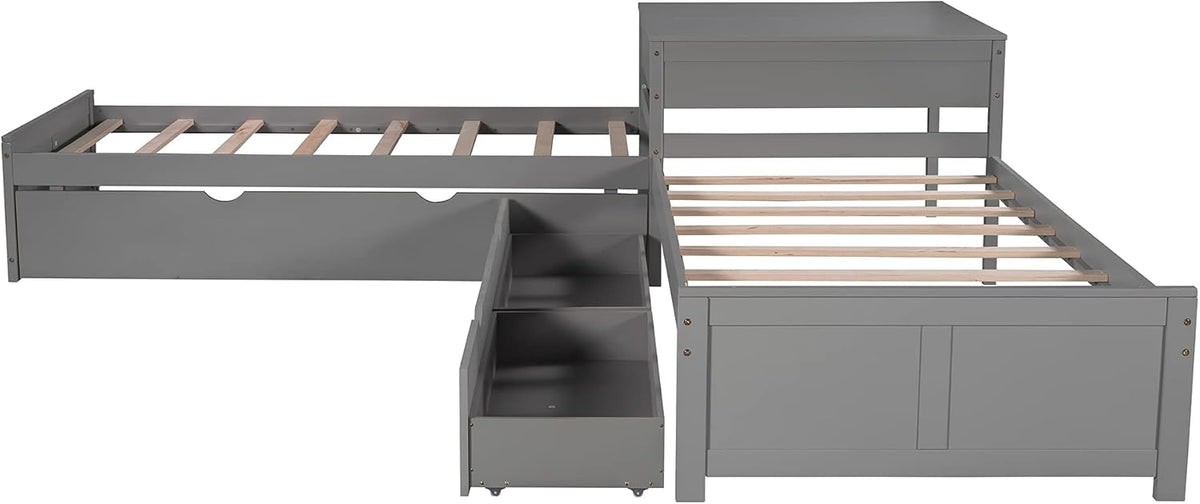 Twin L-Shaped Platform Bed with Trundle, 2 Storage Drawers, and Built-in Square Desk N18731