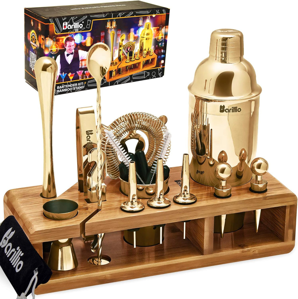Black 23-Piece Stainless Steel Bartender Kit with Bamboo Stand J78960