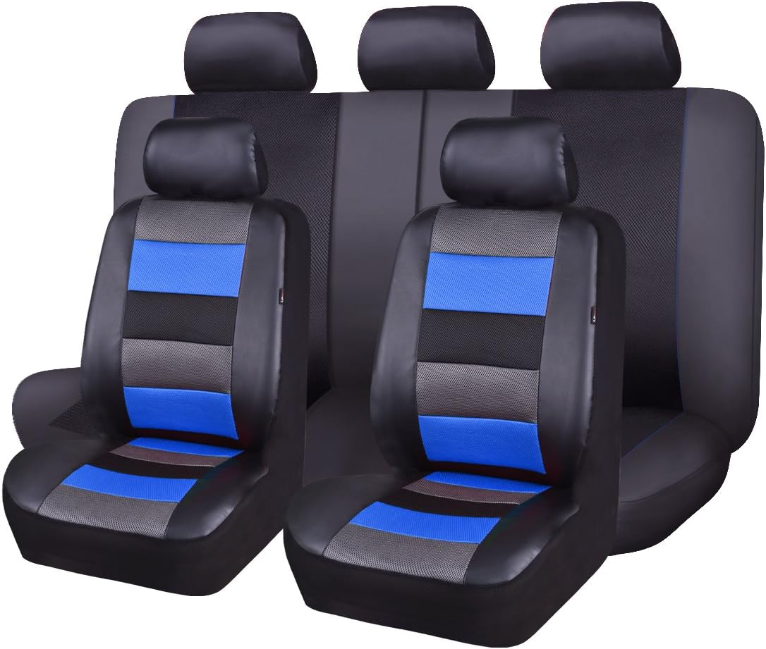 Black Leather and Red Fabric Mesh Car Seat Covers Full Set W3689