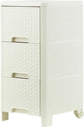 3 Drawer White Wicker Storage Cabinet with Wheels B30802