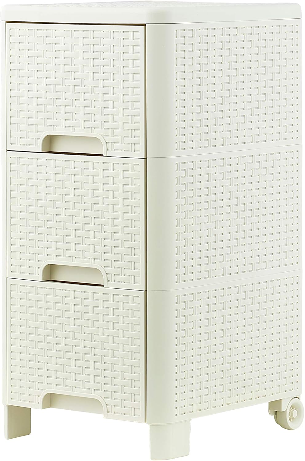 3 Drawer White Wicker Storage Cabinet with Wheels B30802