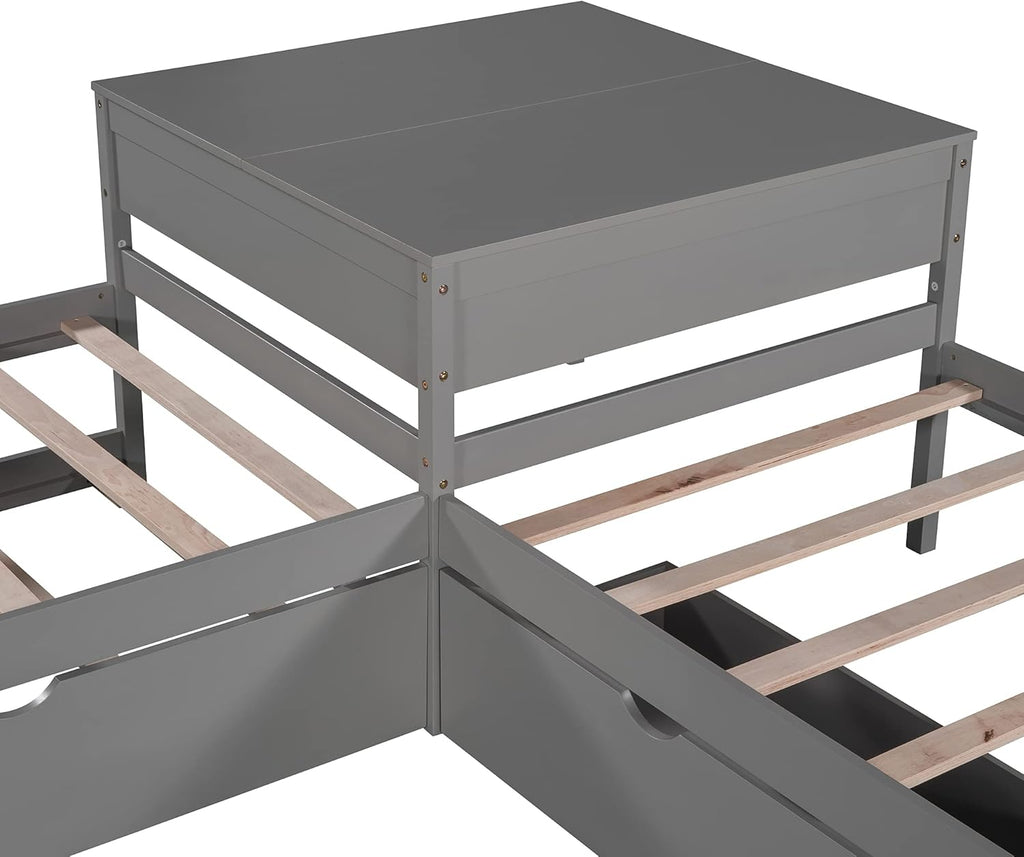 Twin L-Shaped Platform Bed with Trundle, 2 Storage Drawers, and Built-in Square Desk N18731