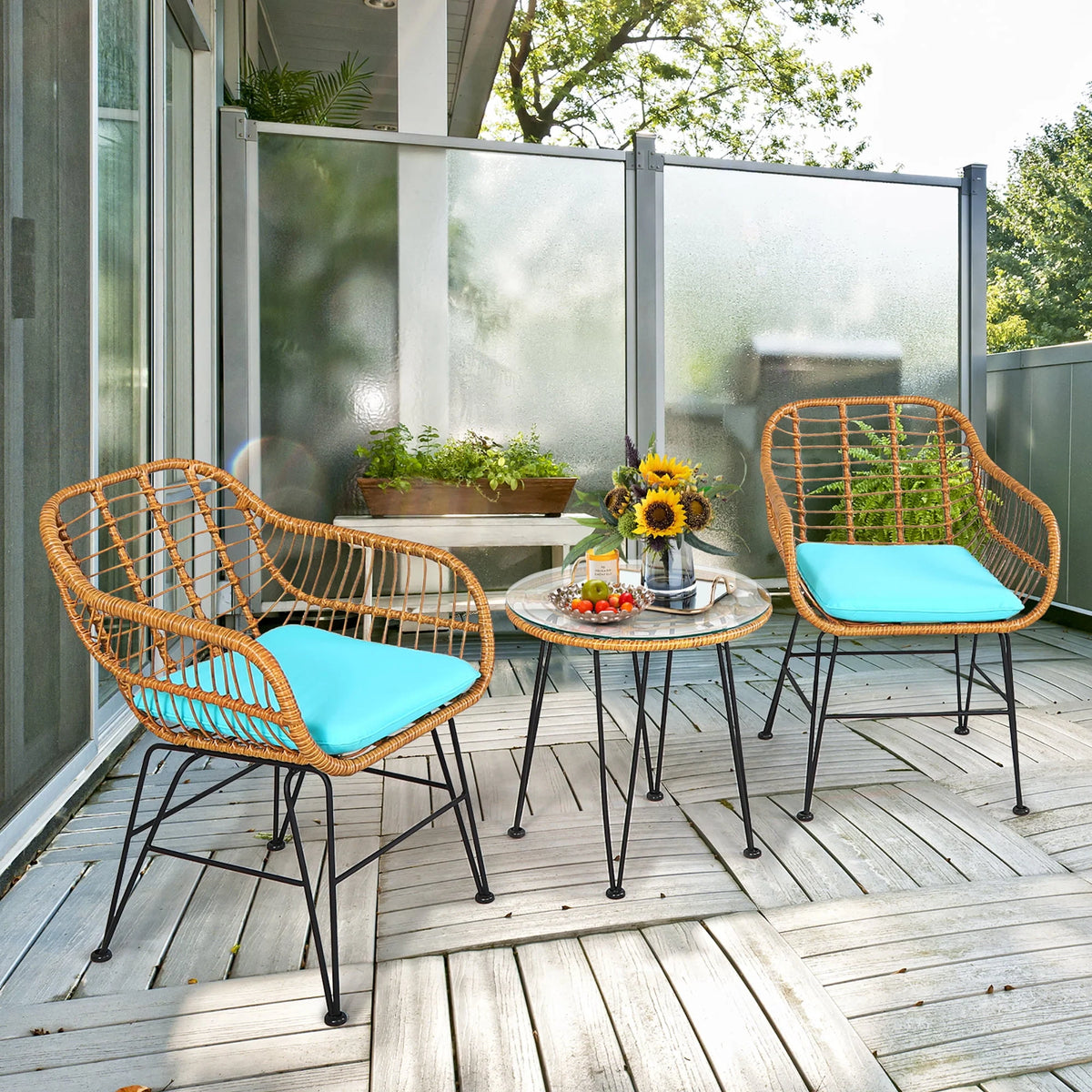 3 Pc Cushioned Patio Rattan Bistro Set X8969