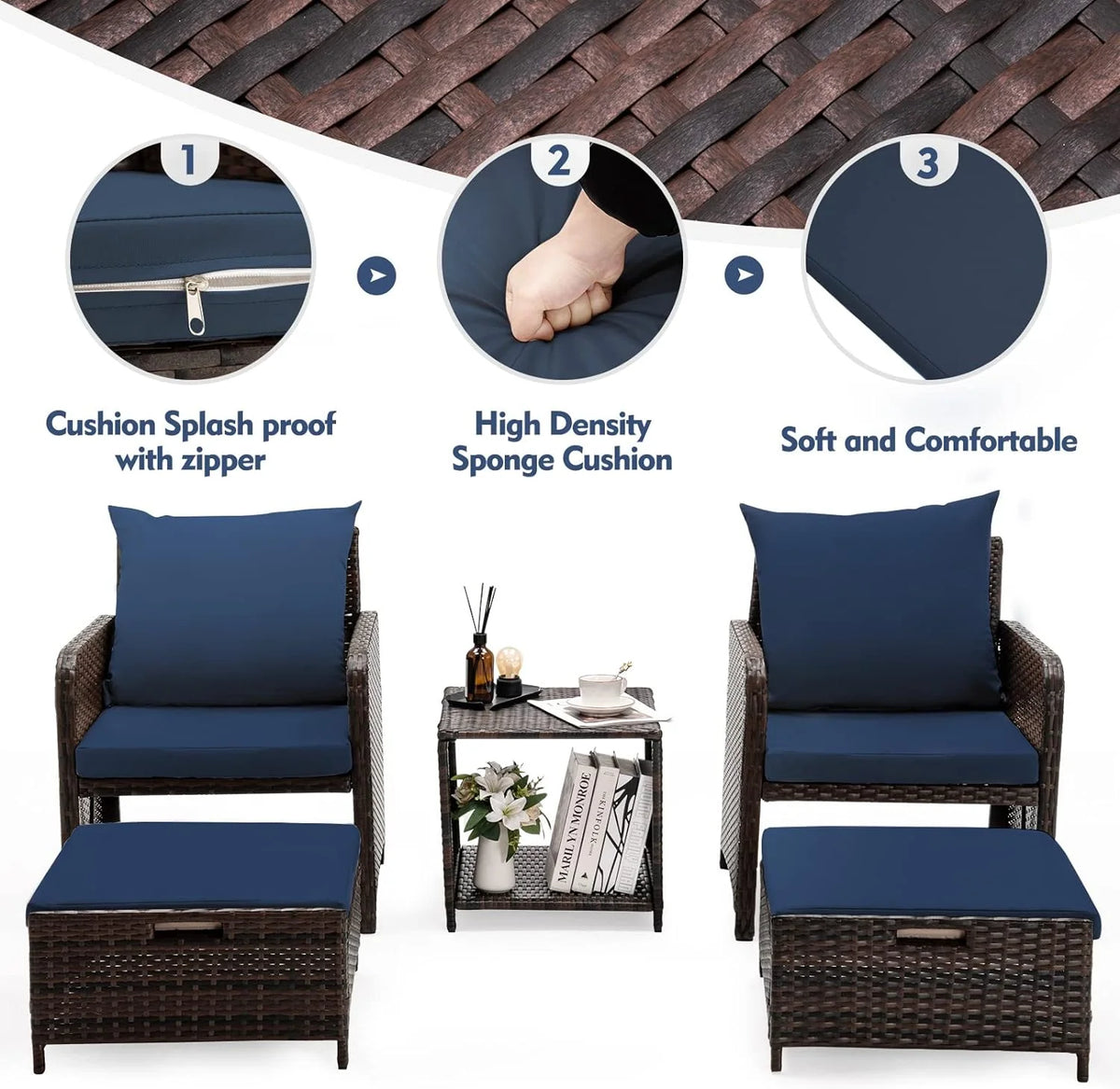 5 Piece Patio Conversation Rattan Chair Set with Storage Coffee Table R12296