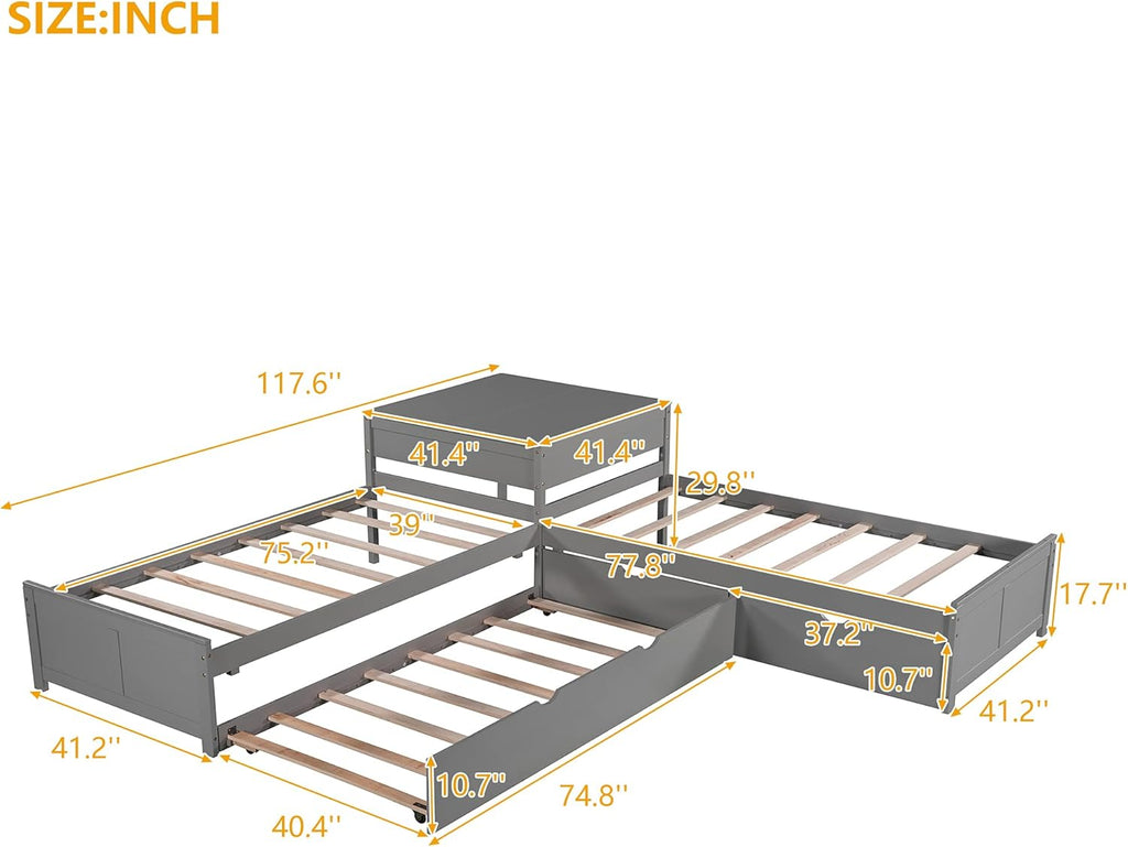 Twin L-Shaped Platform Bed with Trundle, 2 Storage Drawers, and Built-in Square Desk N18731