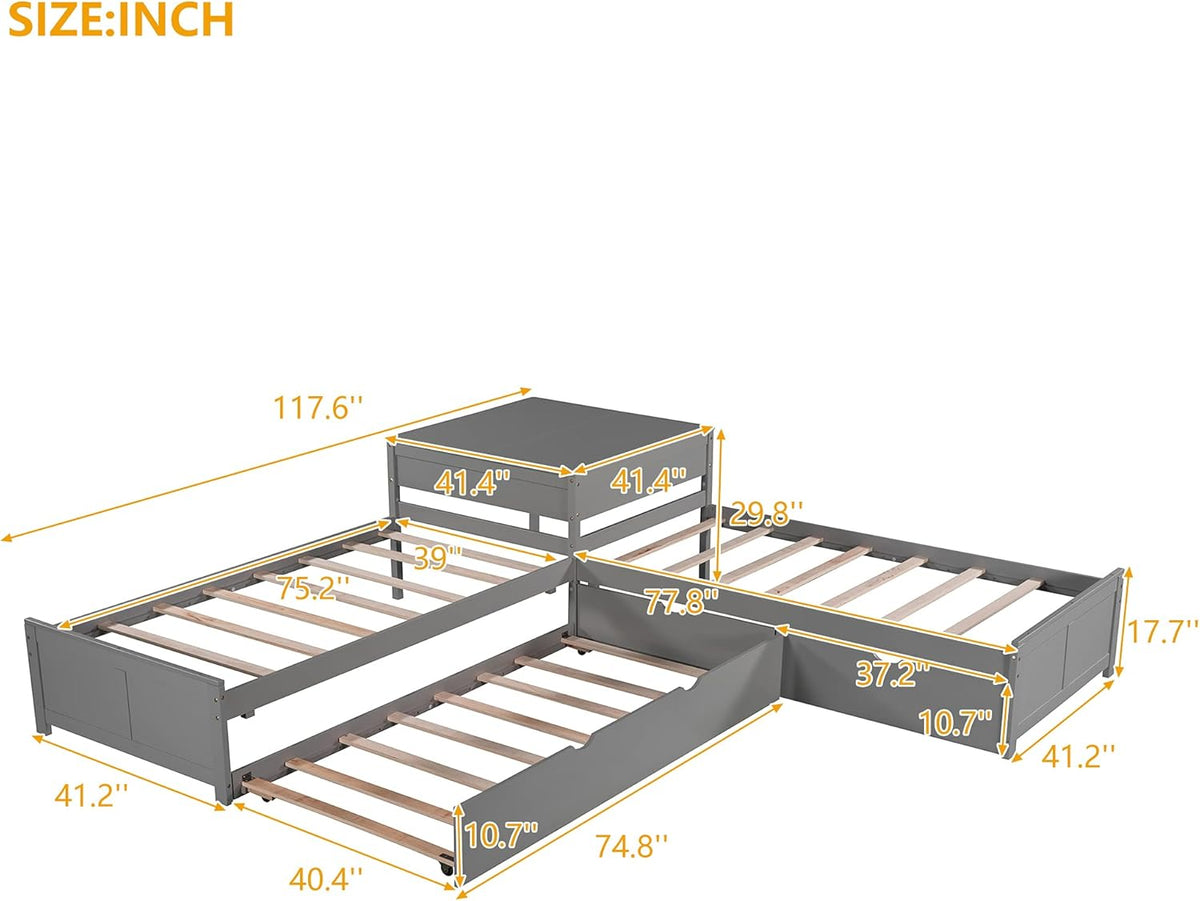 Twin L-Shaped Platform Bed with Trundle, 2 Storage Drawers, and Built-in Square Desk N18731