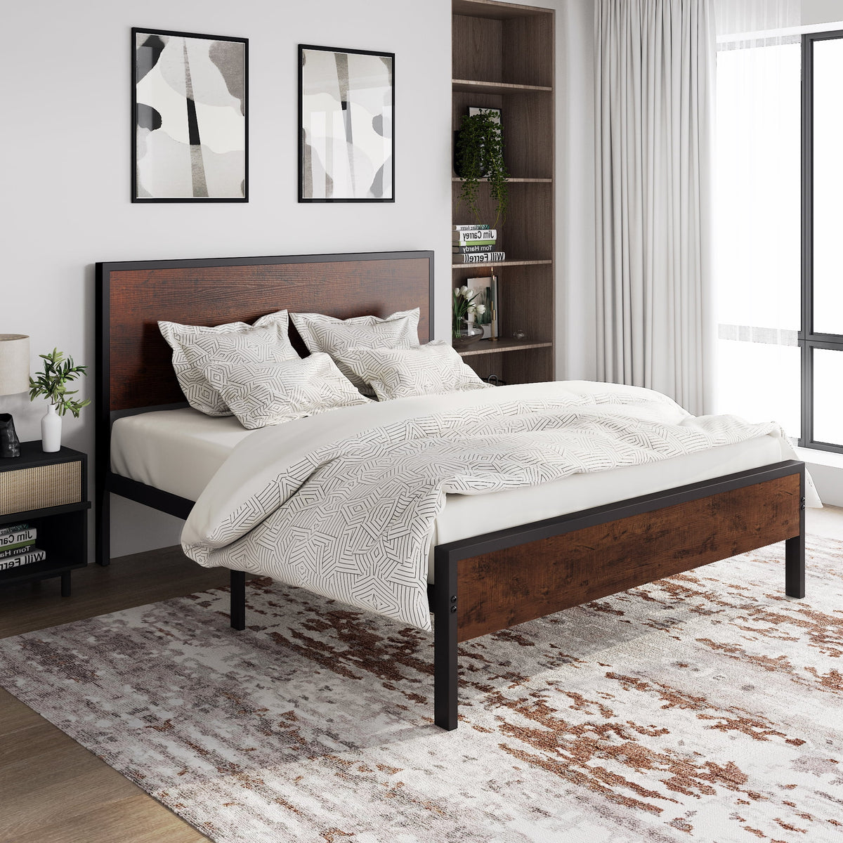 Queen Size Black Oak Headboard Bed Frame I976