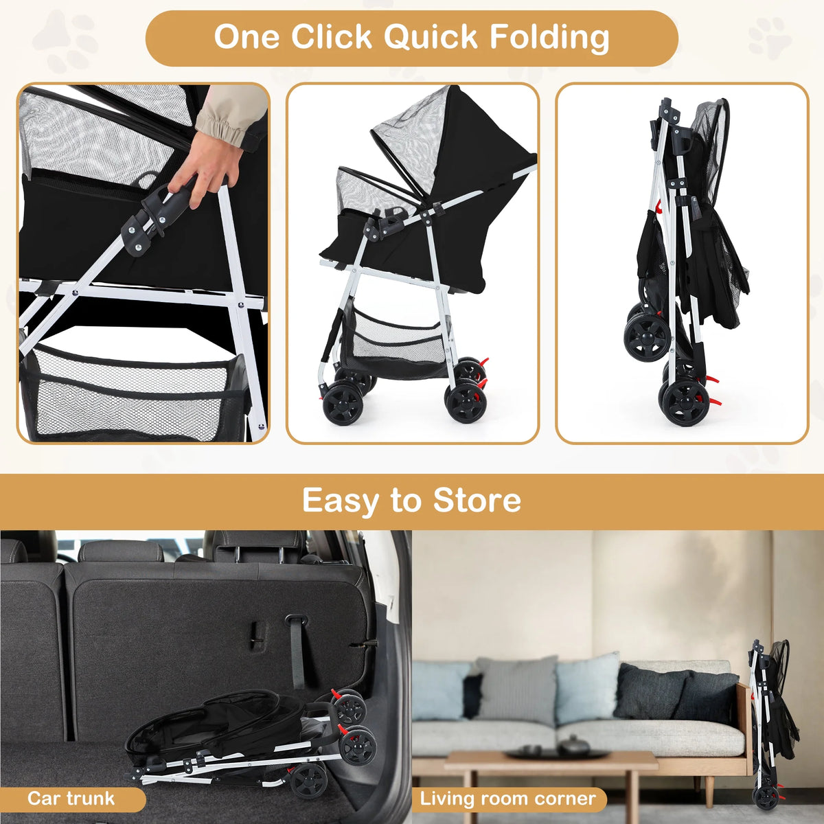 Folding Pet Stroller with Storage Basket, Black I462976