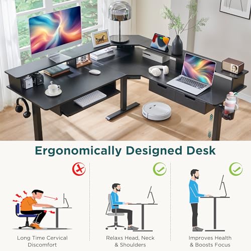 Dark Rustic Oak L Shaped Electric Standing Desk with Drawers F539