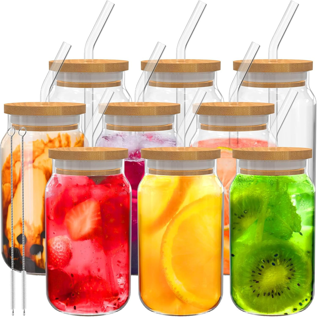 9pcs 16 oz Drinking Glasses with Bamboo Lids and Glass Straw P923