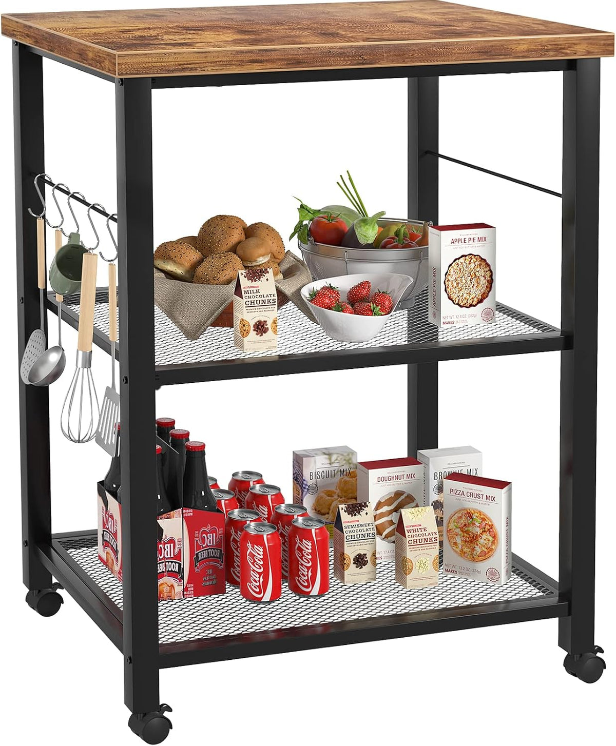 3 Tier Kitchen Cart with Wheels and 5 Hooks D19655