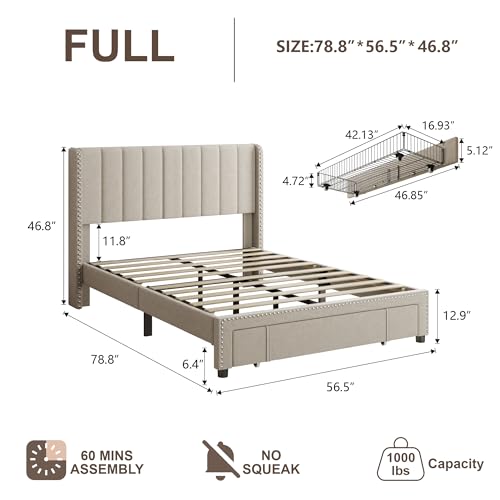 Queen Size Upholstered Platform Bed Frame with 1 Storage Drawer O58505