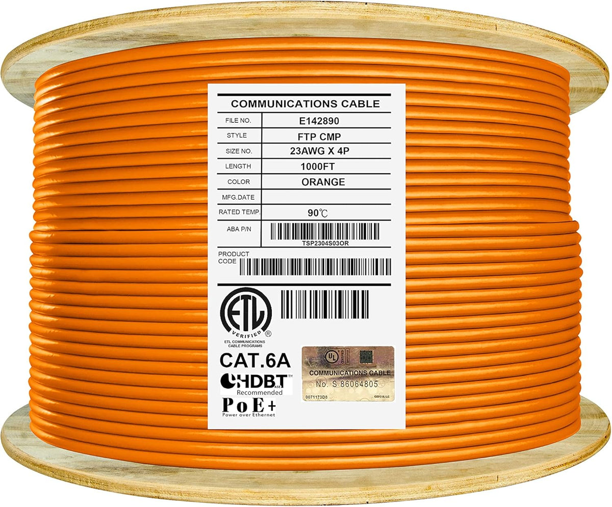 Bulk Ethernet Cable Reel, Cat6A Shielded Plenum, 1000ft, FTP 23AWG, Solid Pure Copper, Blue O9907