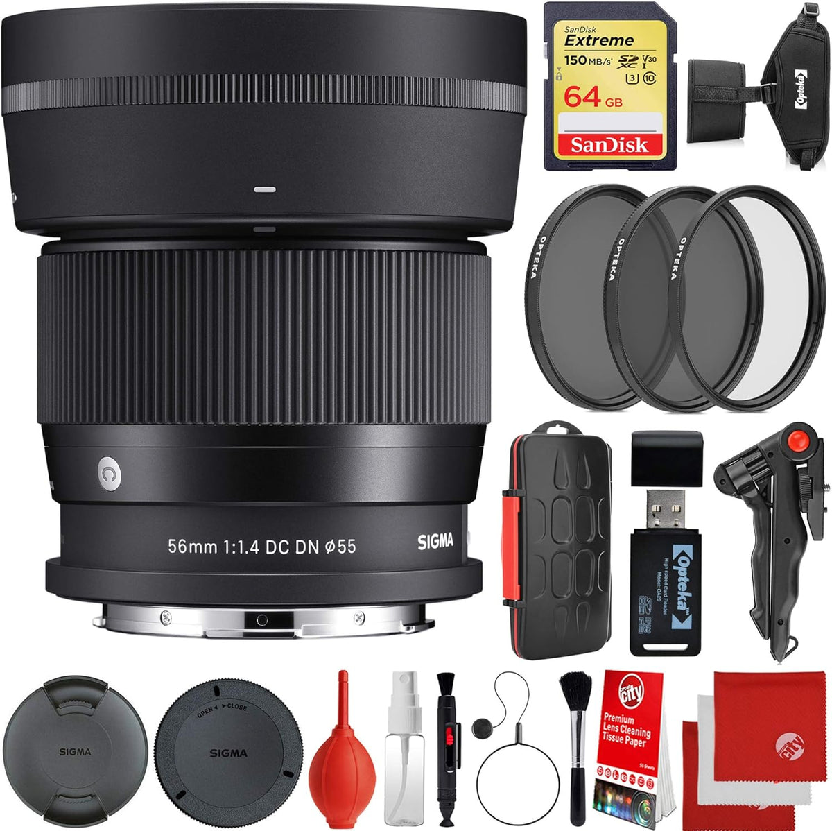56mm f/1.4 DC DN Lens Leica L-Mount Bundle with 64GB Memory Card, 3 Piece Filter Kit, Wrist Strap, Card Reader, Tabletop Tripod F41892