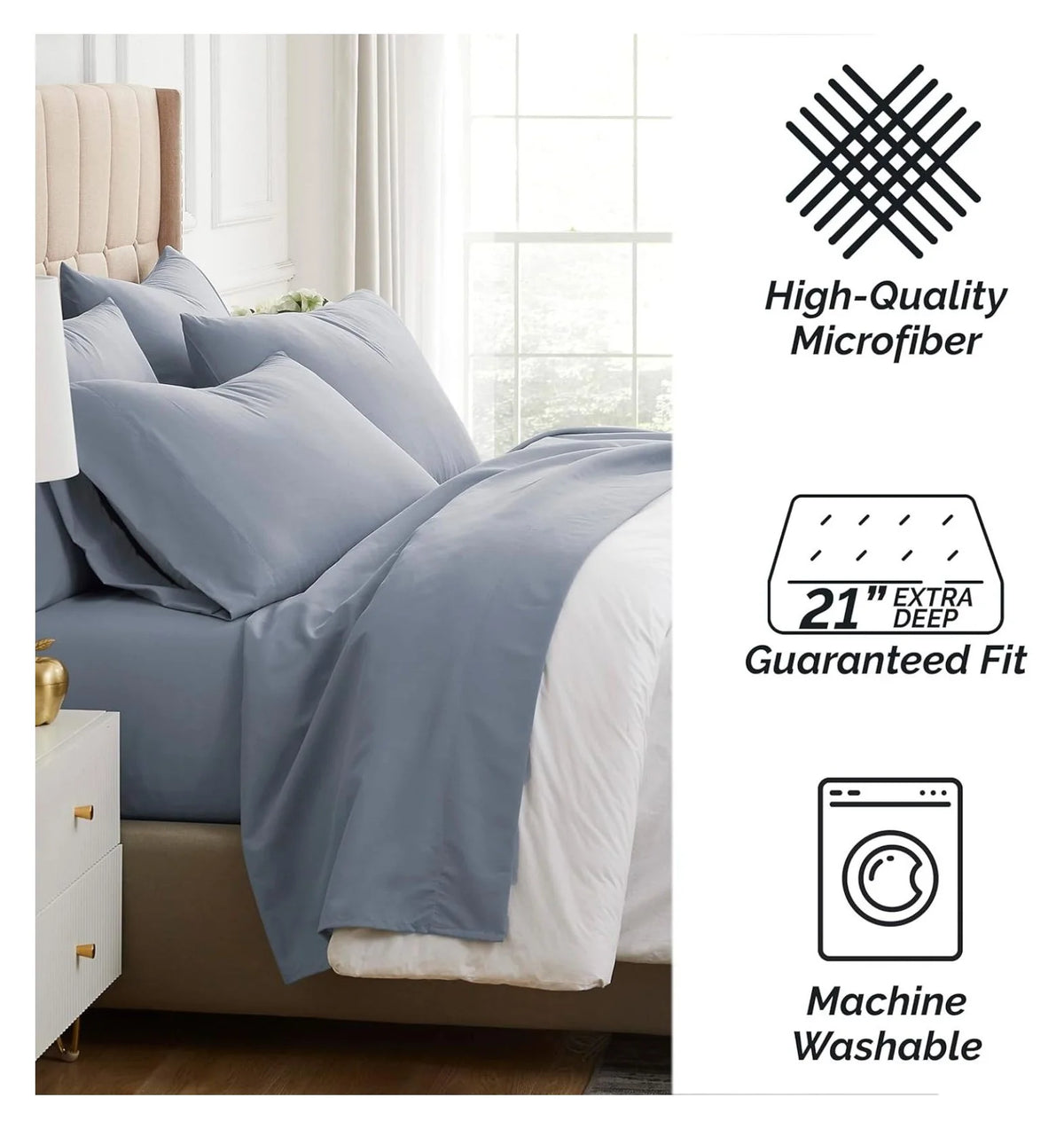 6-Piece King Microfiber Sheet Set with 21" Deep Fitted Sheet, Slate Blue C839