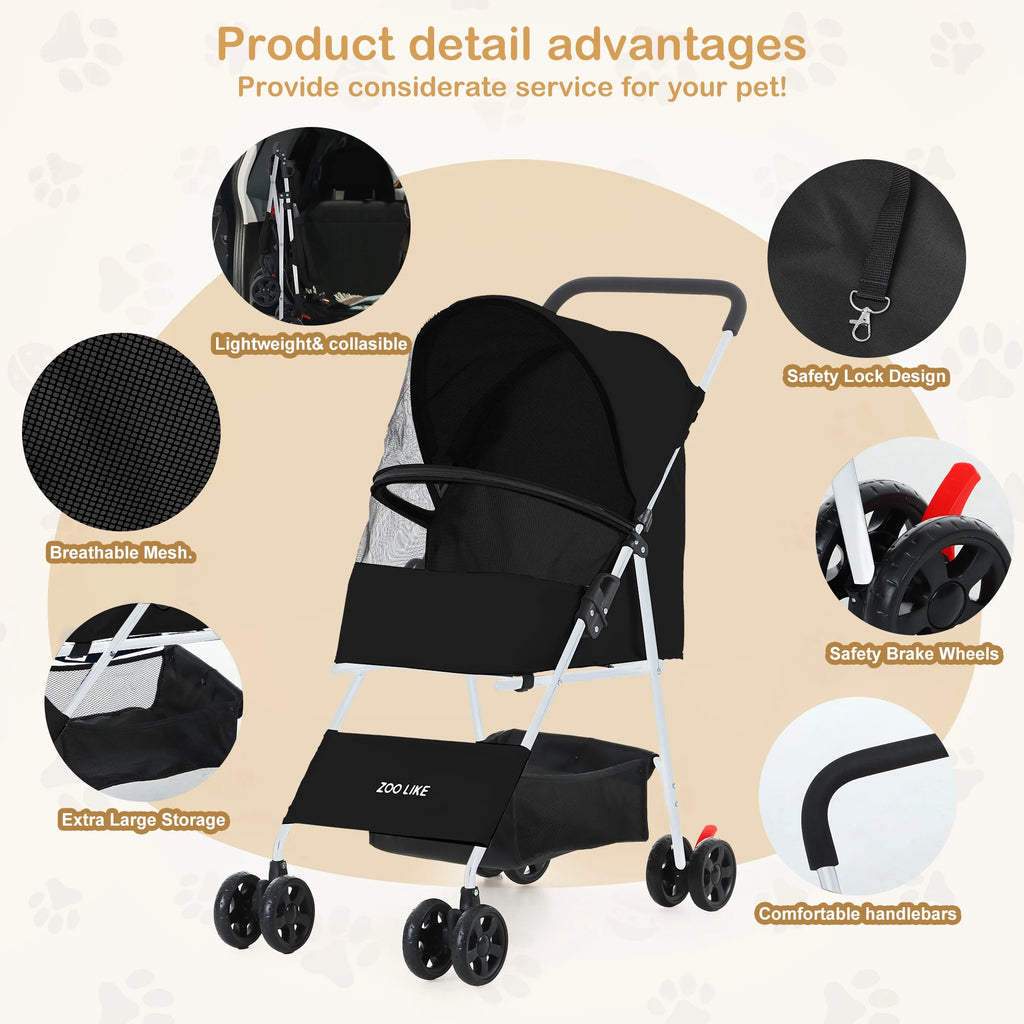 Folding Pet Stroller with Storage Basket, Black I462976