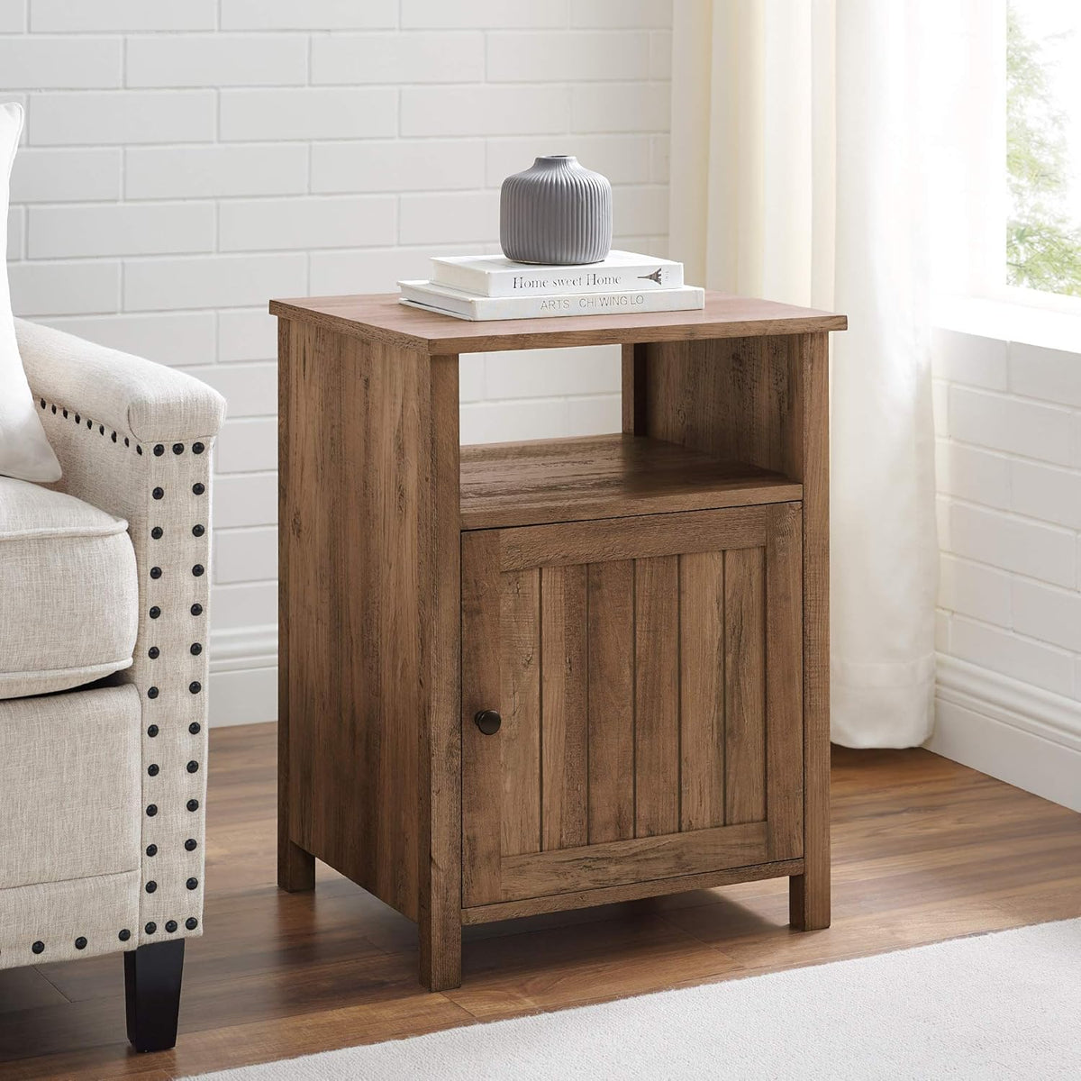 Modern Farmhouse Wood Side Accent Table with Cabinet Door, 18 Inch, Grey Wash D67212