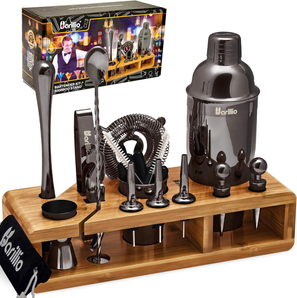 Black 23-Piece Stainless Steel Bartender Kit with Bamboo Stand J78960