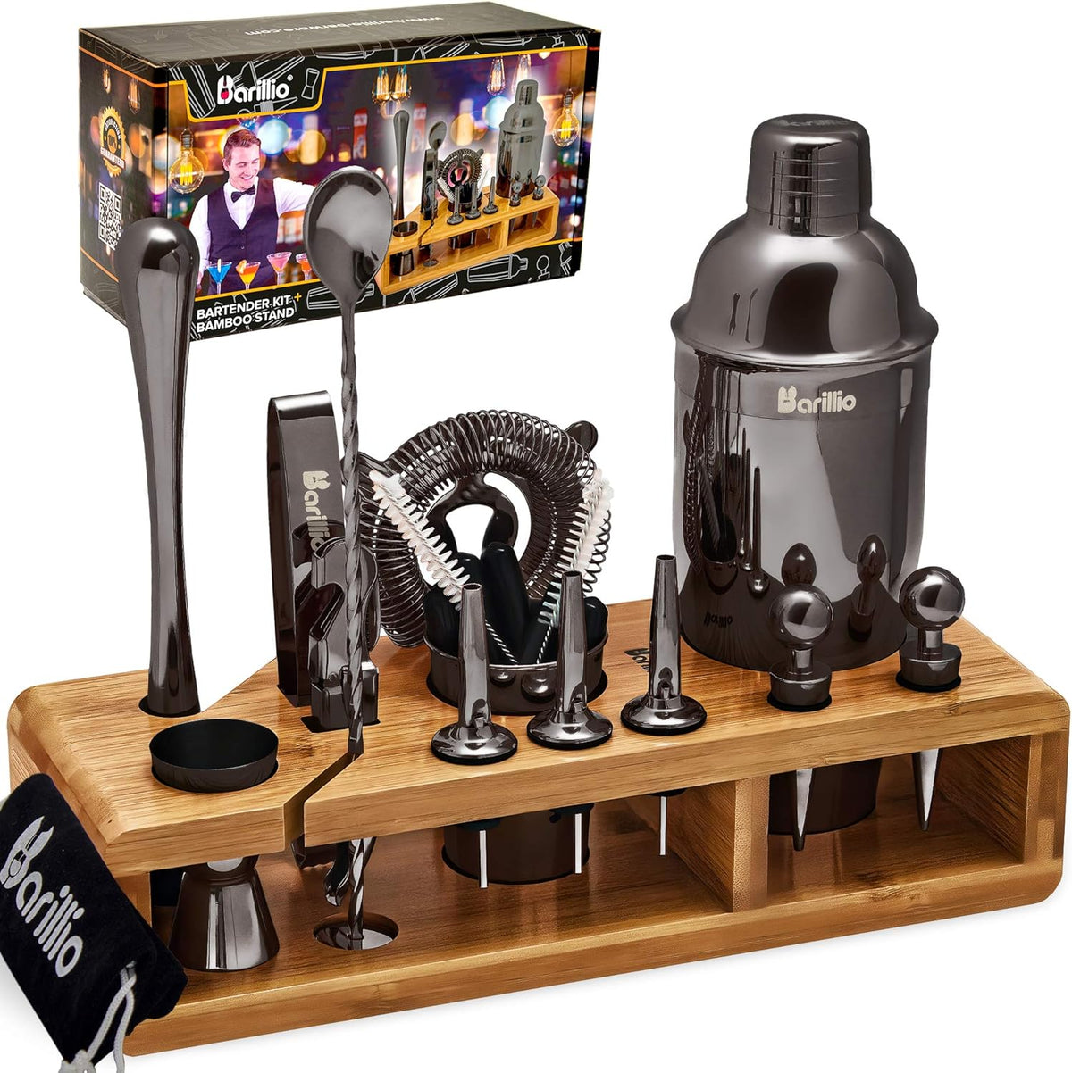 Black 23-Piece Stainless Steel Bartender Kit with Bamboo Stand J78960