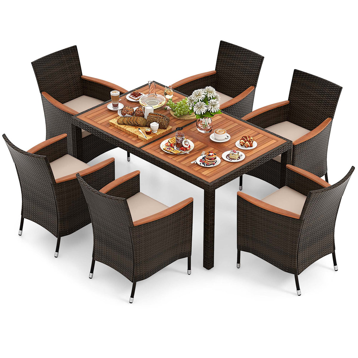 7 Pieces Outdoor Wicker Dining Set with Acacia Wood Table A537885