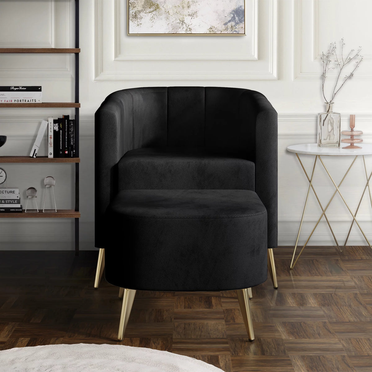 Black Velvet Upholstered Accent Chair with Stool G257659