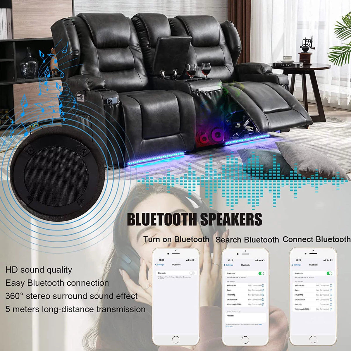 Electric Power Recline Sofa with Console T7639